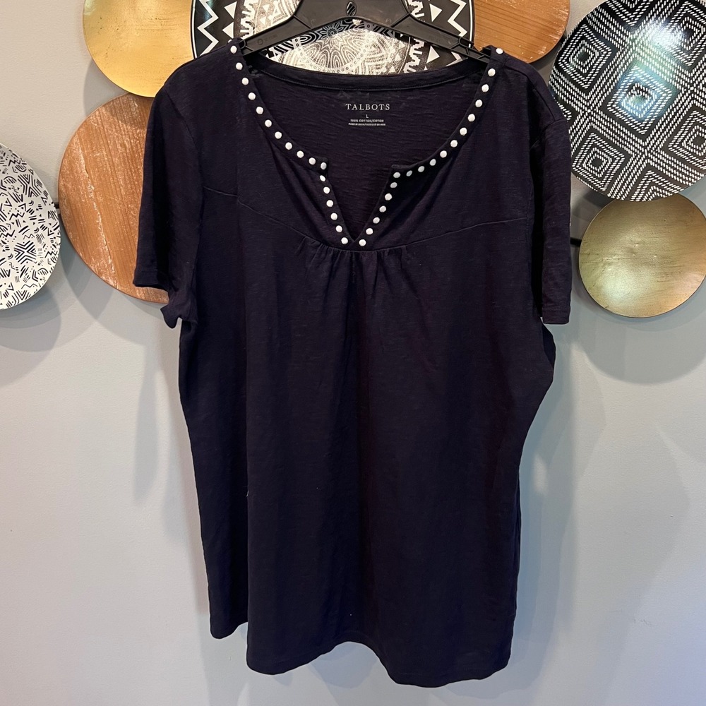 Talbots Womens Navy Blue Slub Cotton Studded Split Neck Short Sleeve Top L
